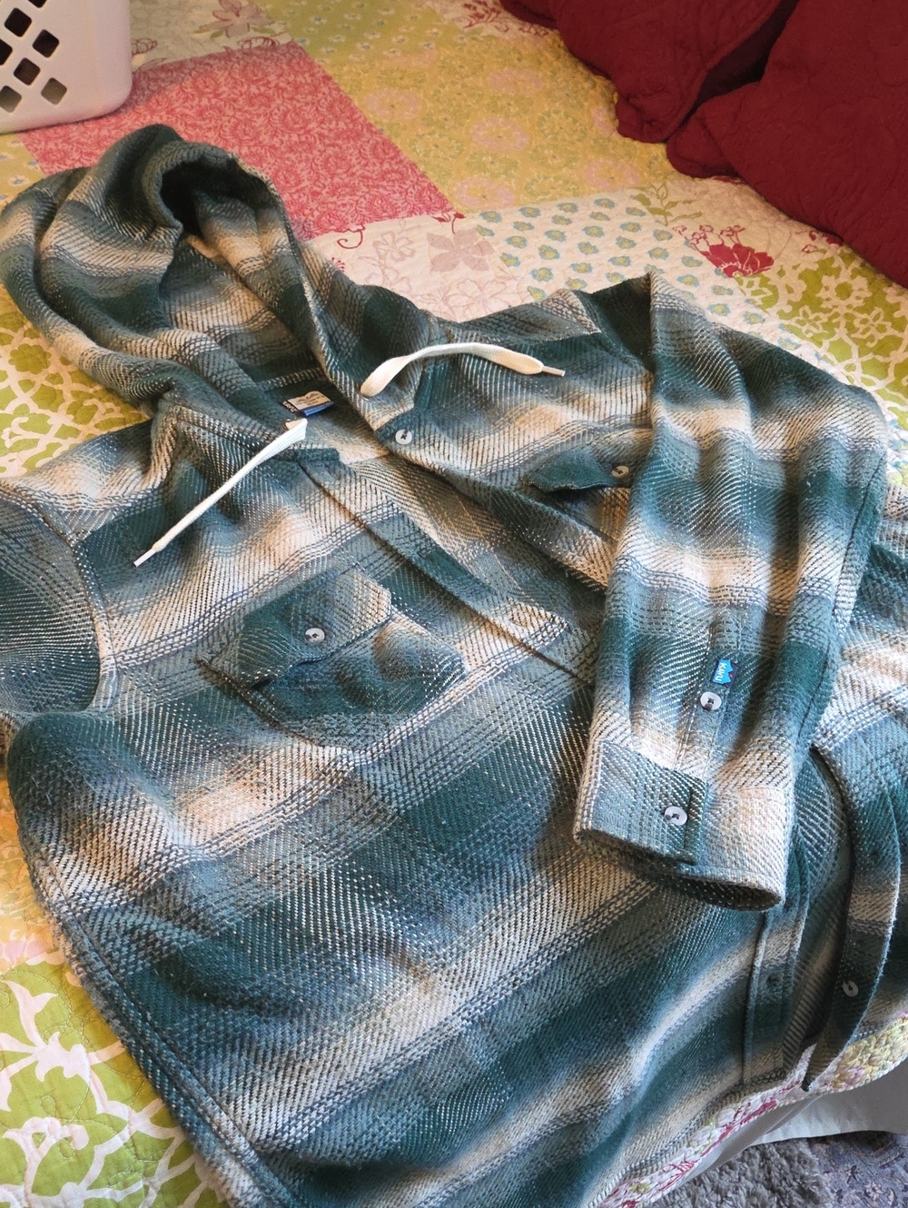 Plaid Button Up Hooded Jacket in Teal and Cream